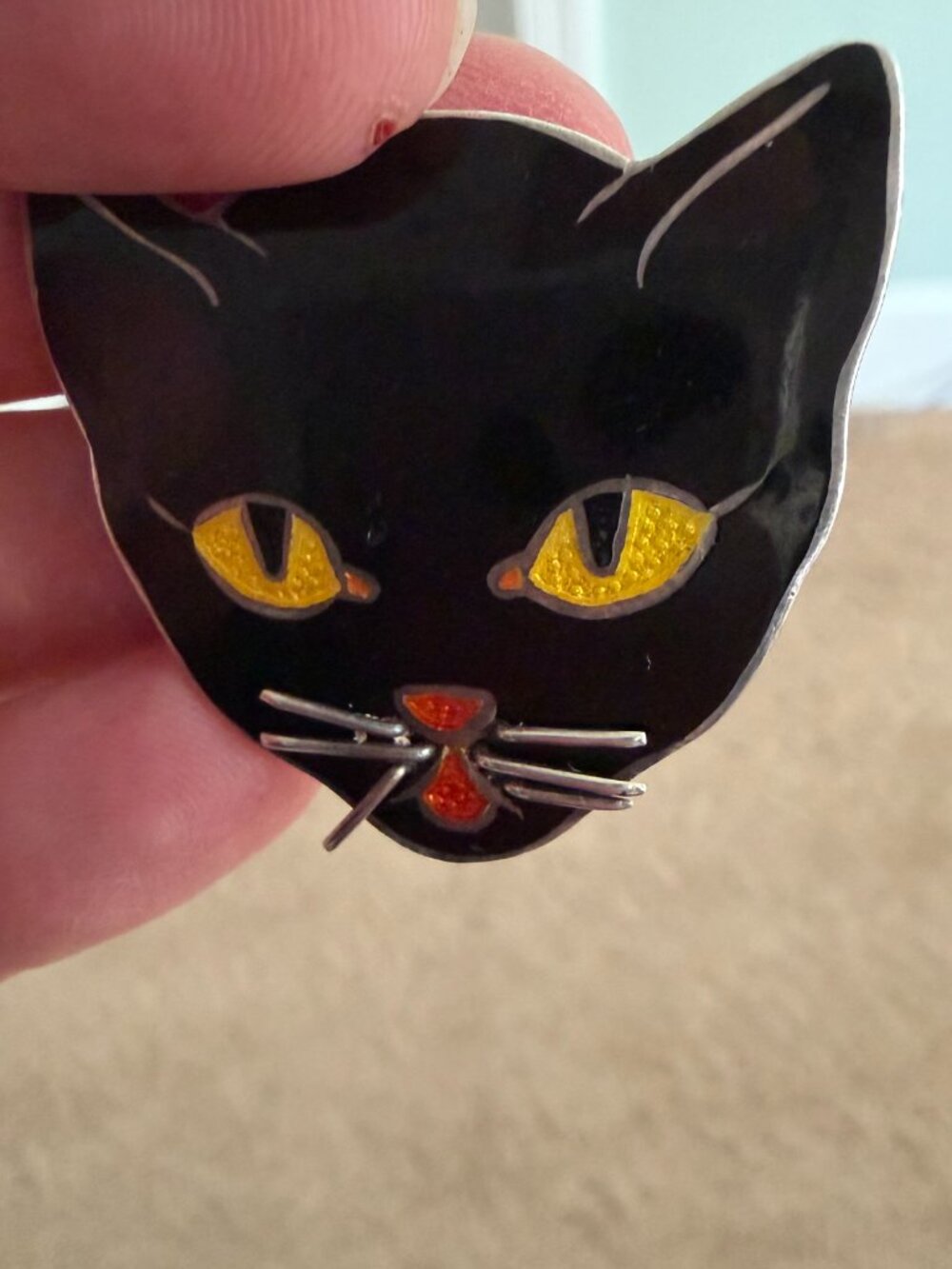 Vintage Margot de Taxco Sterling Silver & Enamel Cat Face Pin - Picture 3 of 8